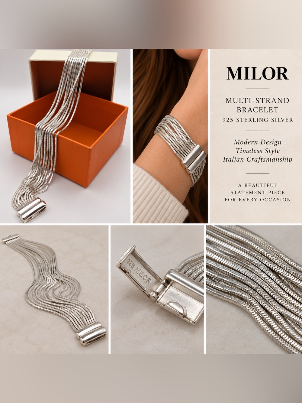 Milor 925 Sterling Silver Multi-Strand Snake Chain Statement Bracelet Italy